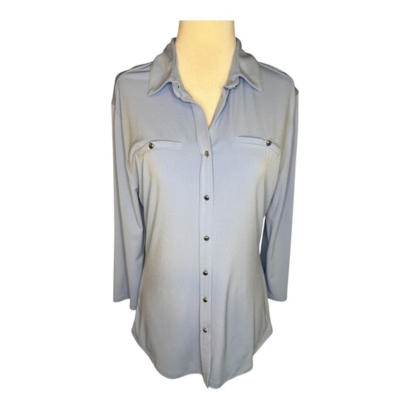 New York & Company Stretch Button Down Shirt‎ Top 3/4 Sleeve Blue Medium NWT - Picture 1 of 8